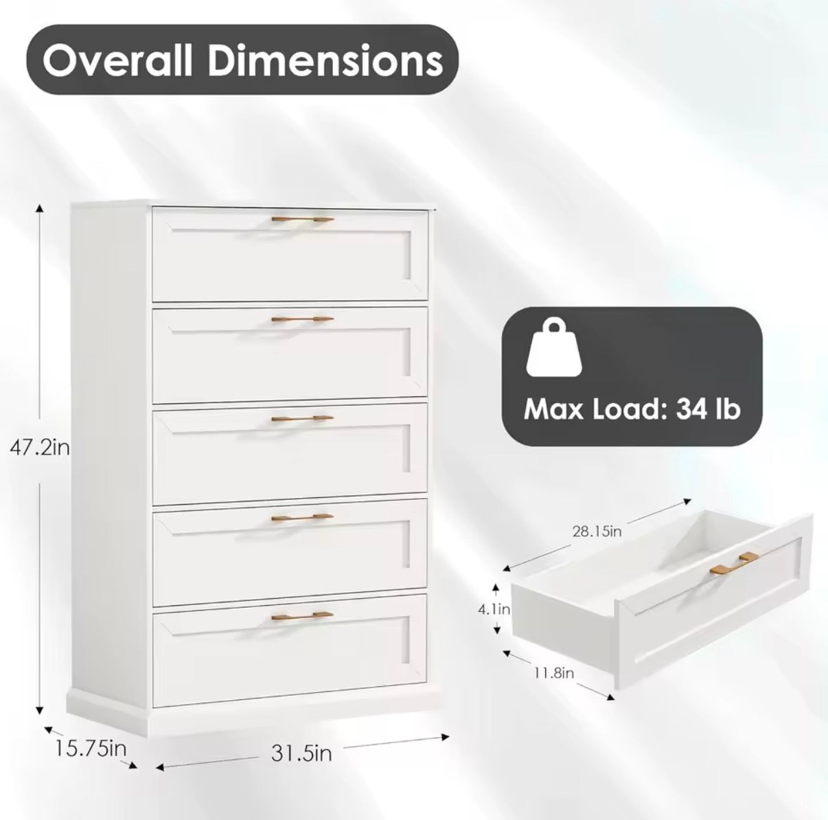 White 5 Drawer Bedroom Dresser 47 Inch Tall